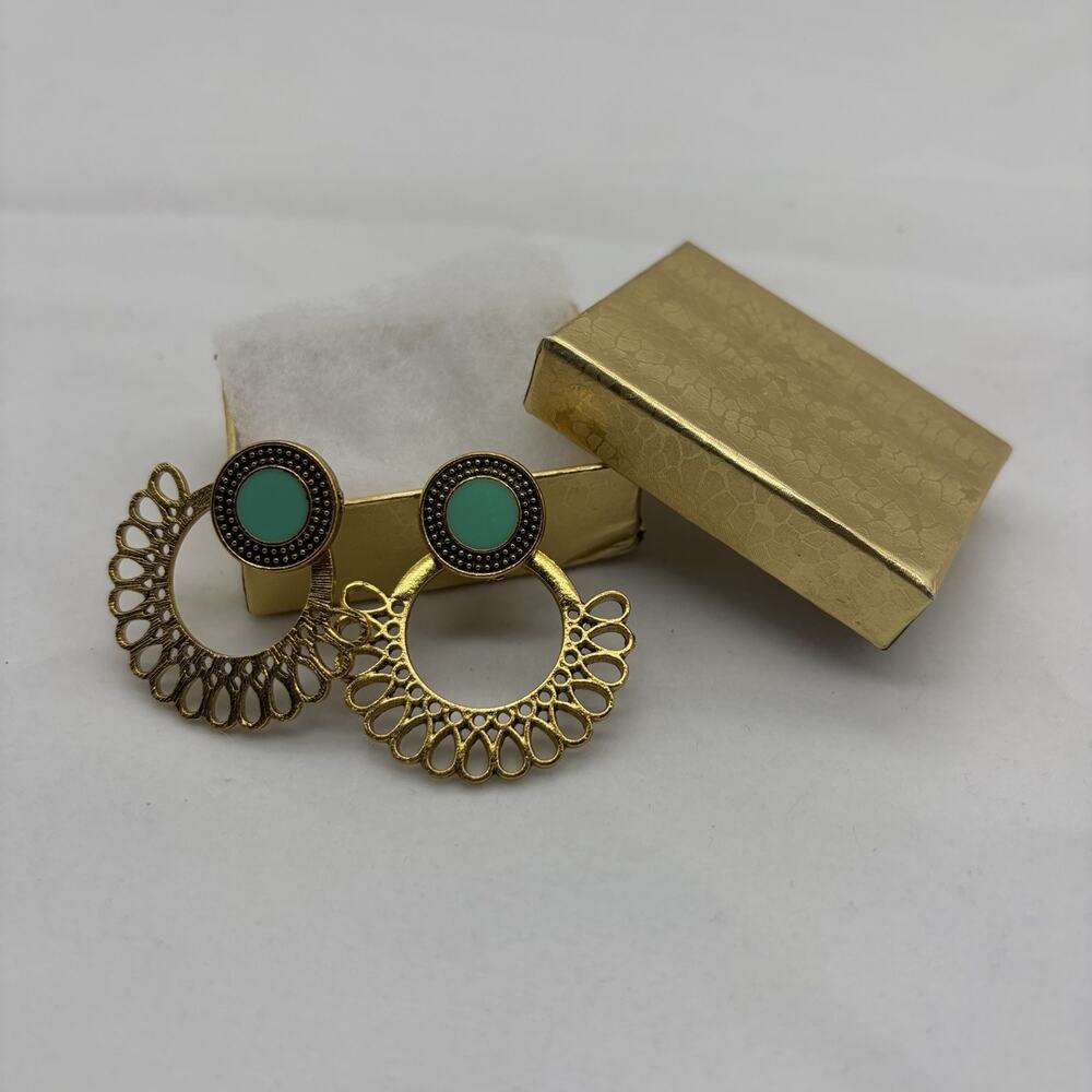 Boho Gold TONE Filigree Hoop Earrings with Turquoise Tone Center - Vintage Style